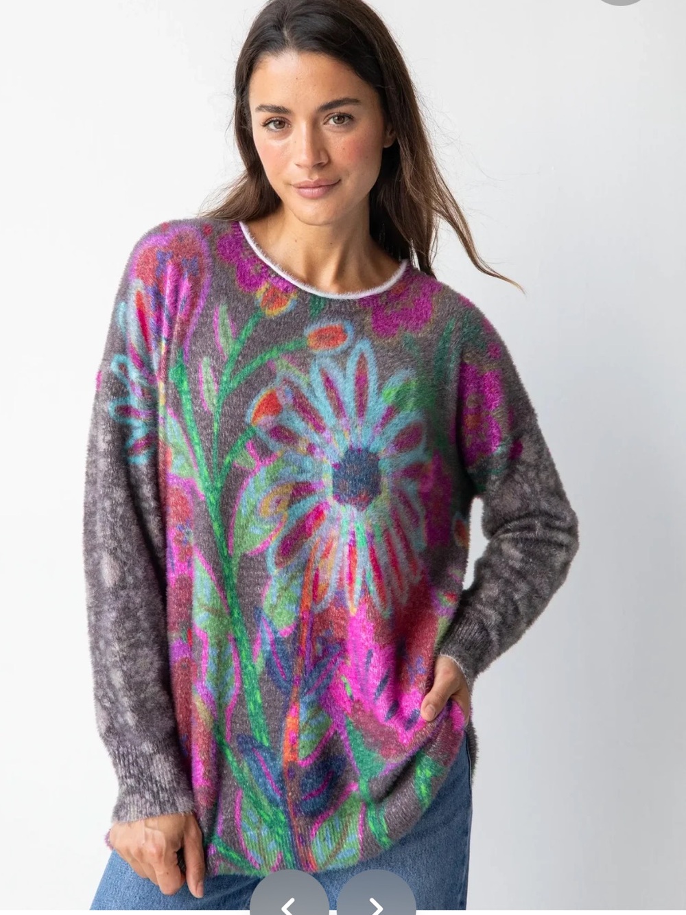 NATURAL LIFE Cashmere - like Pullover Sweater Mauve Folk Floral Scoop Neck - Picture 9 of 10